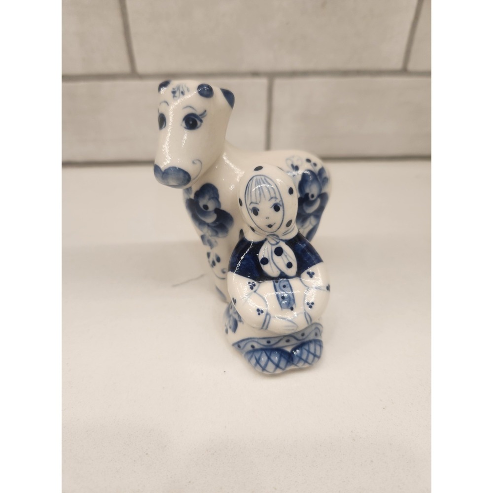 Gzhel Porcelain Cow With Sitting Girl Maiden Figurine Handmade from Russia